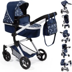 Speelgoed Voor Kinderen 11 Bayer Design Combi Poppenwagen Neo Vario Blauw Met Hartjes